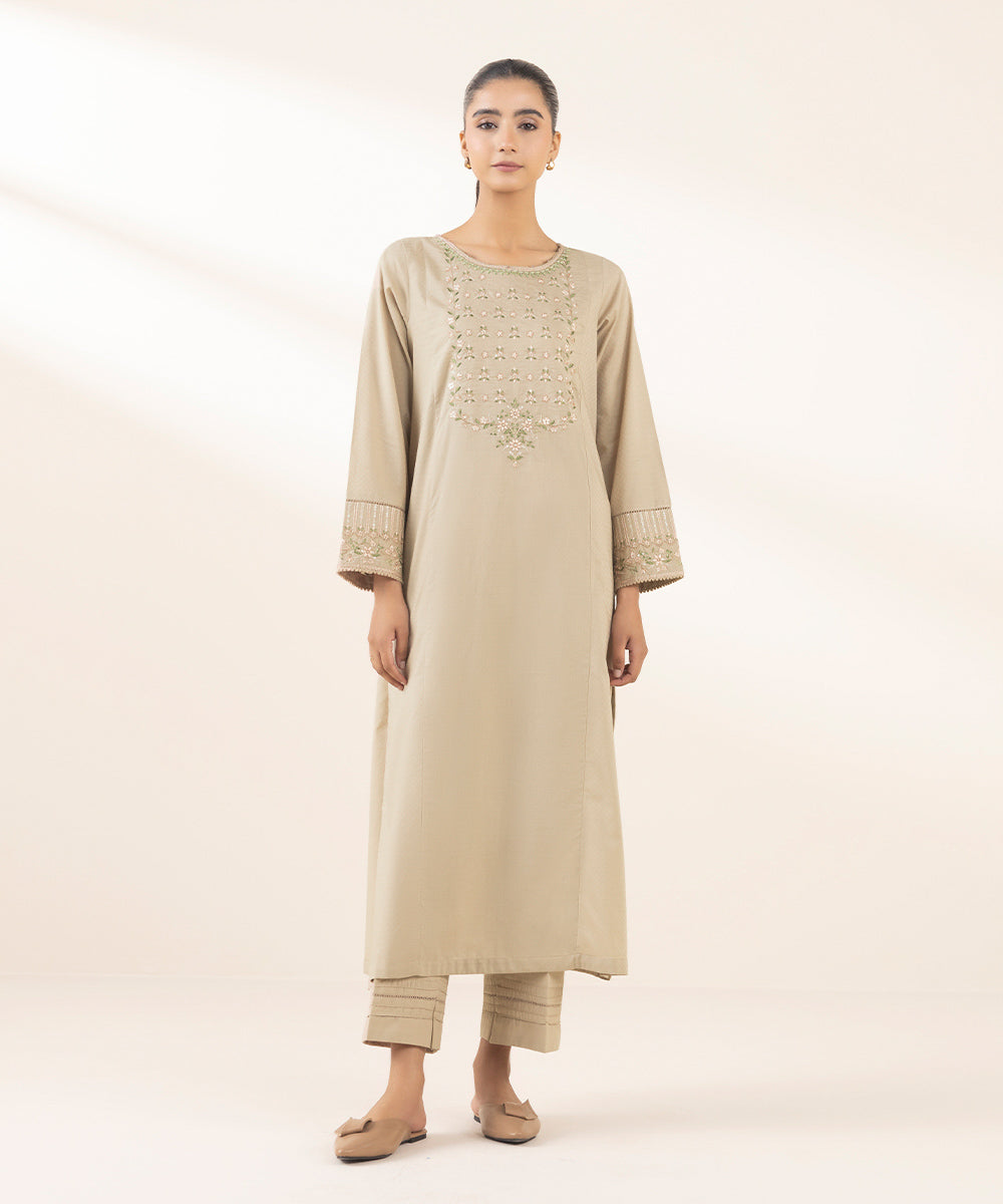 Women's Pret Dobby Embroidered Beige A-Line Shirt