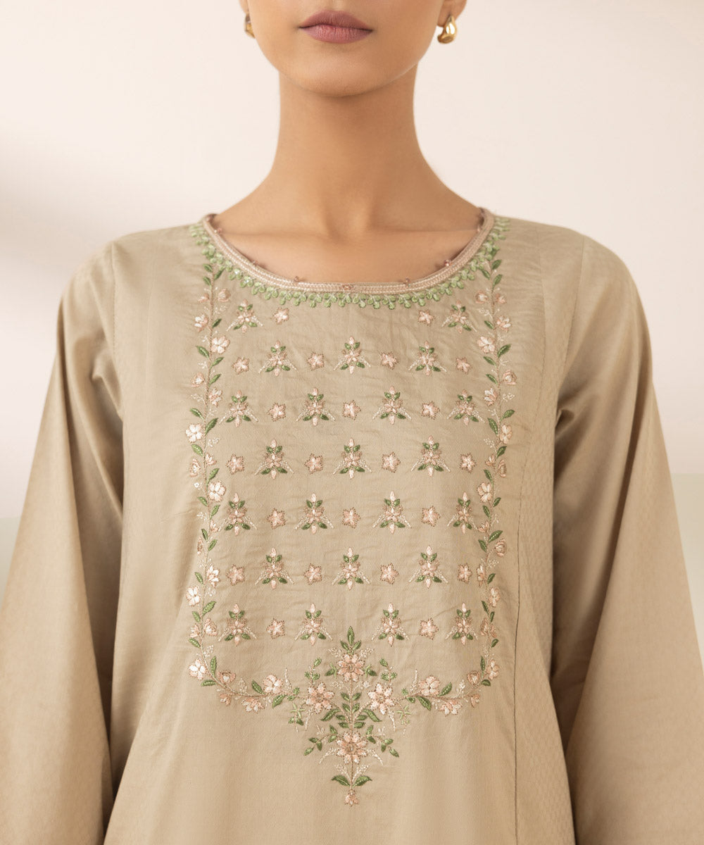 Women's Pret Dobby Embroidered Beige A-Line Shirt