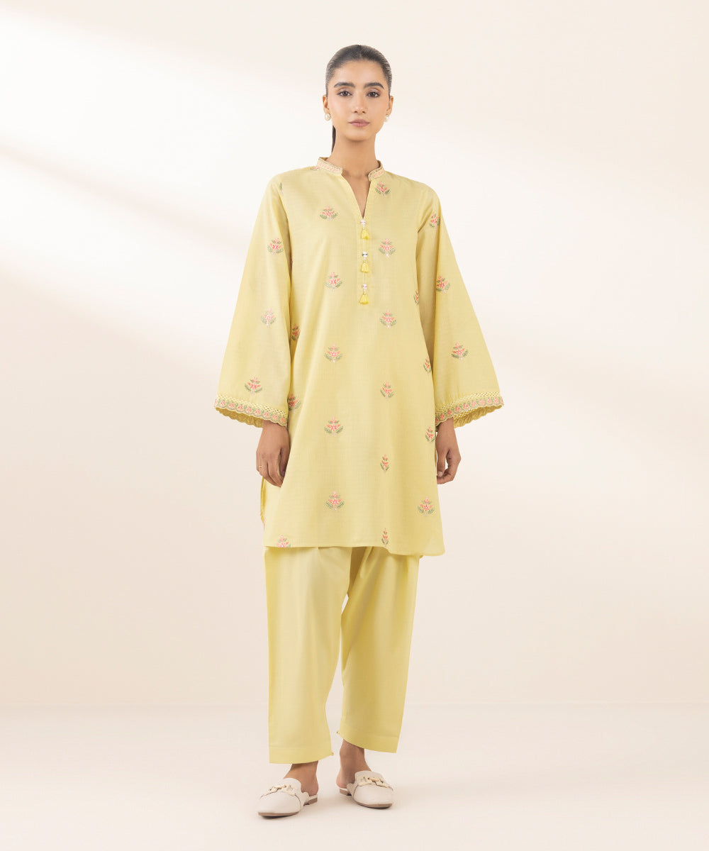 Women's Pret Dobby Embroidered Yellow A-Line Shirt