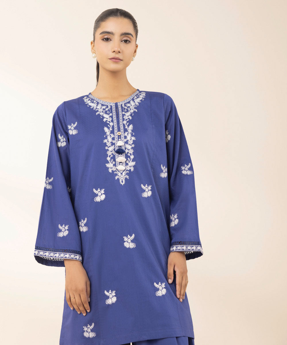 Women's Pret Dobby Embroidered Blue A-Line Shirt