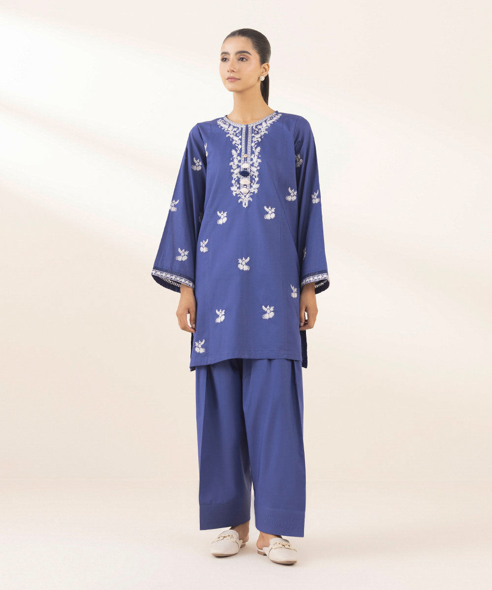 Women's Pret Dobby Embroidered Blue A-Line Shirt