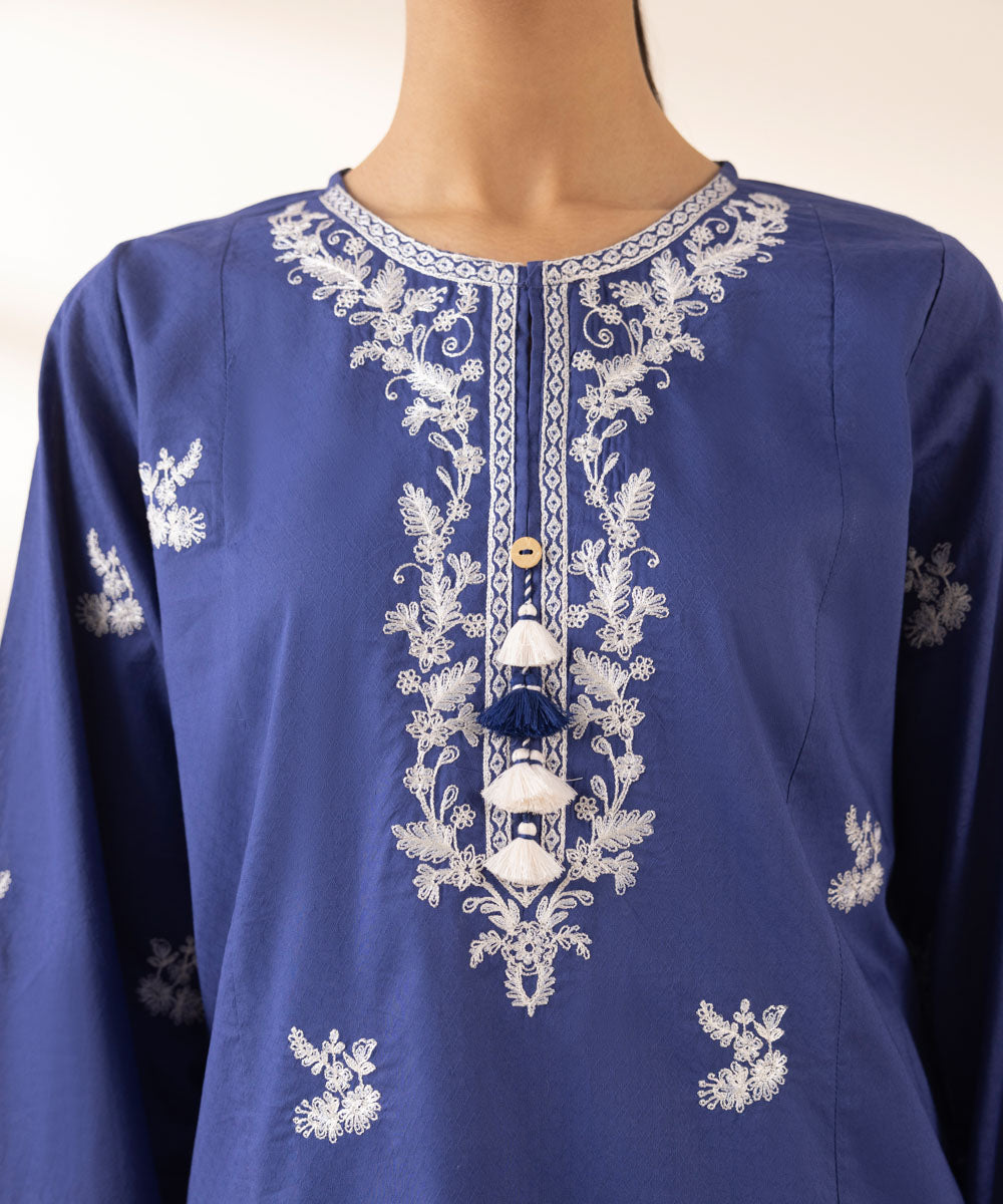 Women's Pret Dobby Embroidered Blue A-Line Shirt