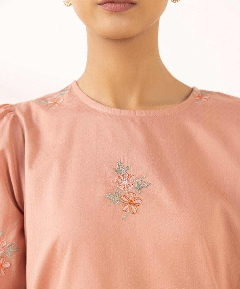 Women's Pret Dobby Embroidered Pink Straight Shirt