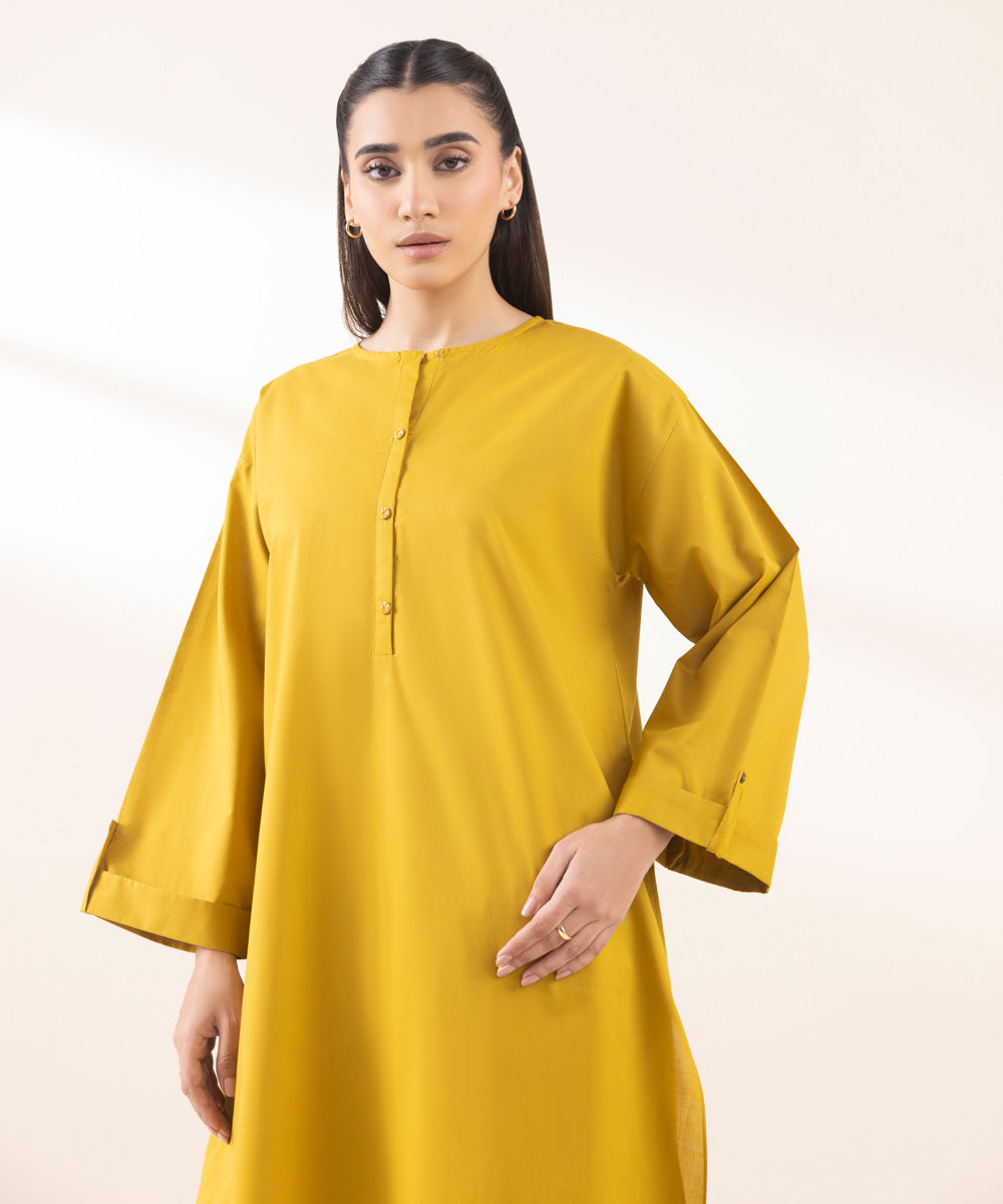 Women's Pret Cambric Yellow Solid A-Line Shirt