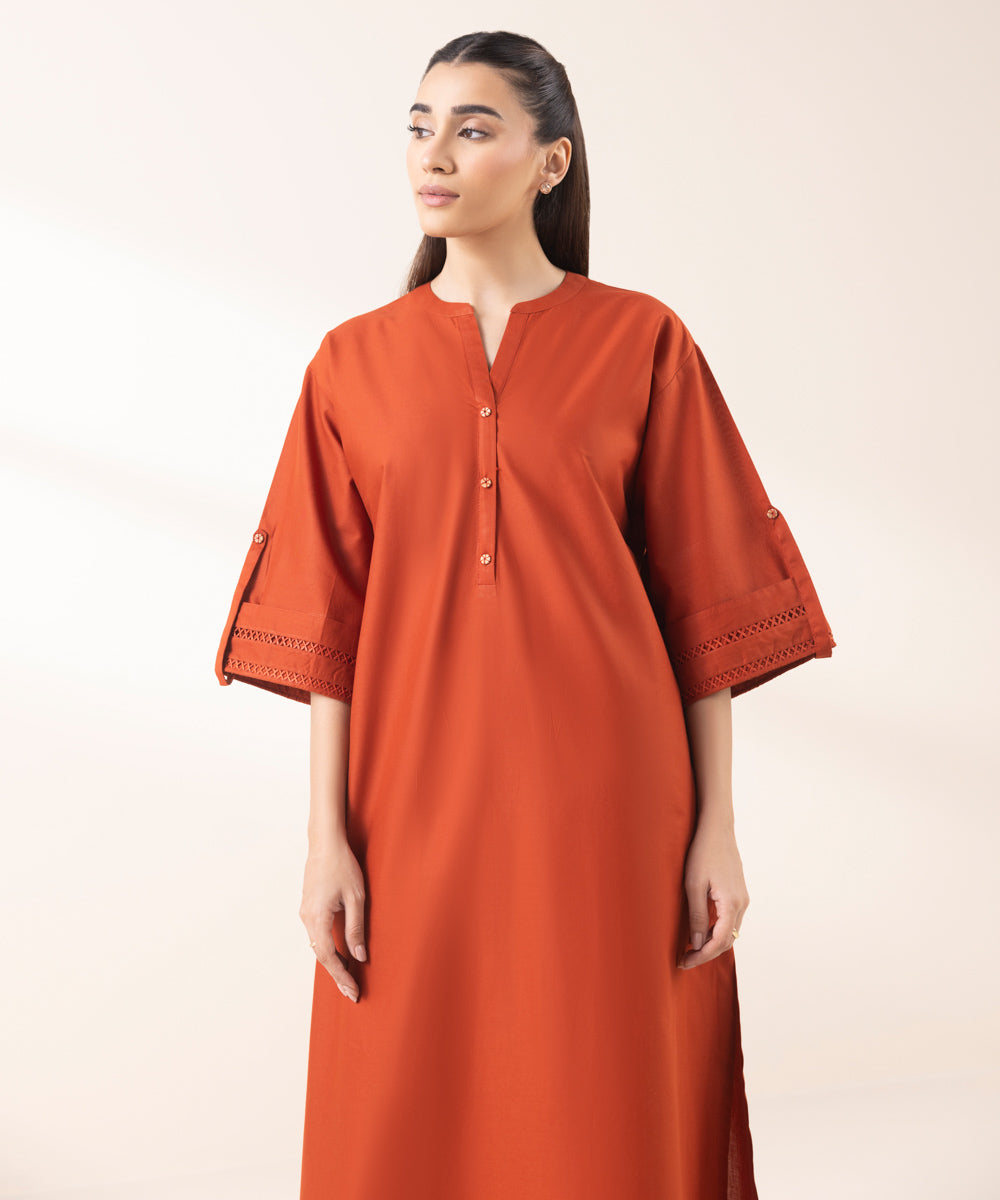 Women's Pret Cambric Orange Solid A-Line Shirt