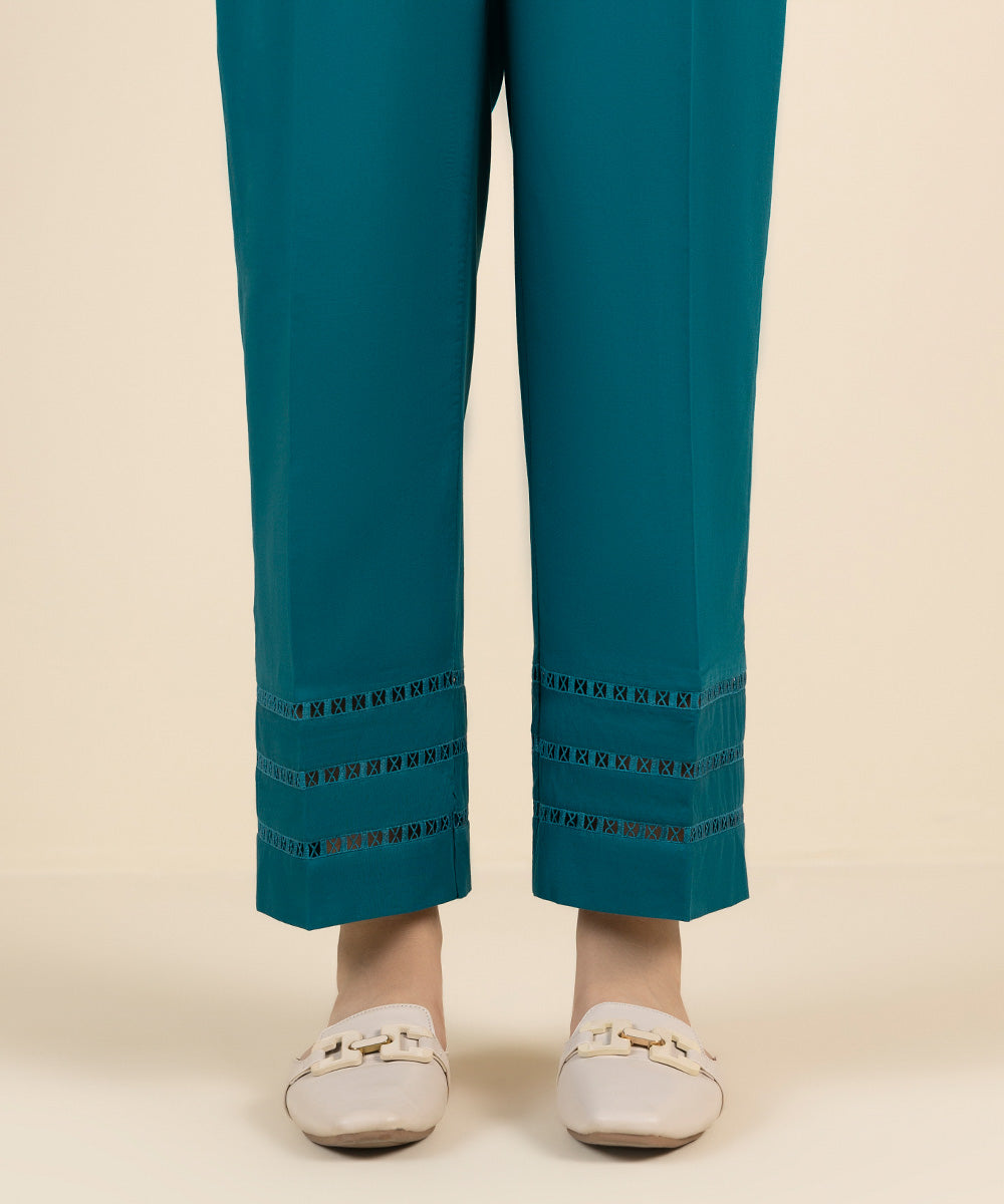 Women's Pret Cambric Green Solid Straight Pants