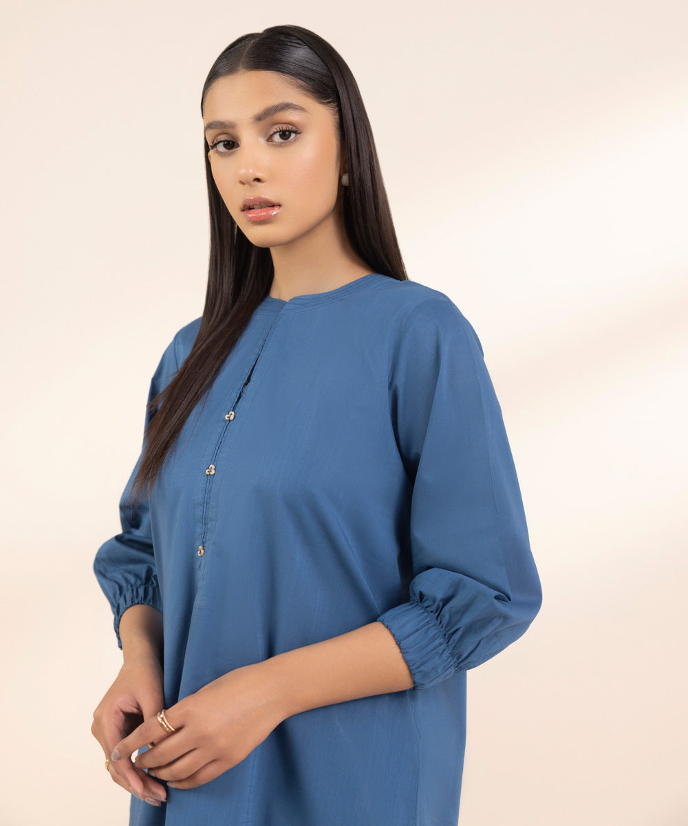 Women's Pret Cross Hatch Blue Solid A-Line Shirt