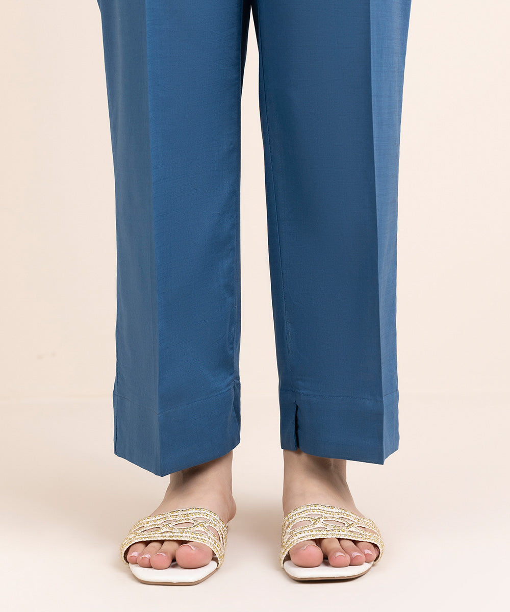 Women's Pret Cross Hatch Blue Solid Straight Pants