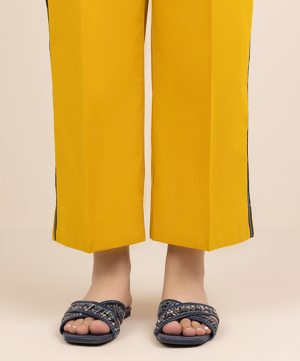 Women's RTW Cambric Yellow Solid Straight Pants