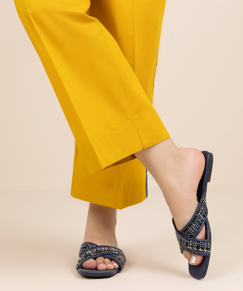 Women's RTW Cambric Yellow Solid Straight Pants