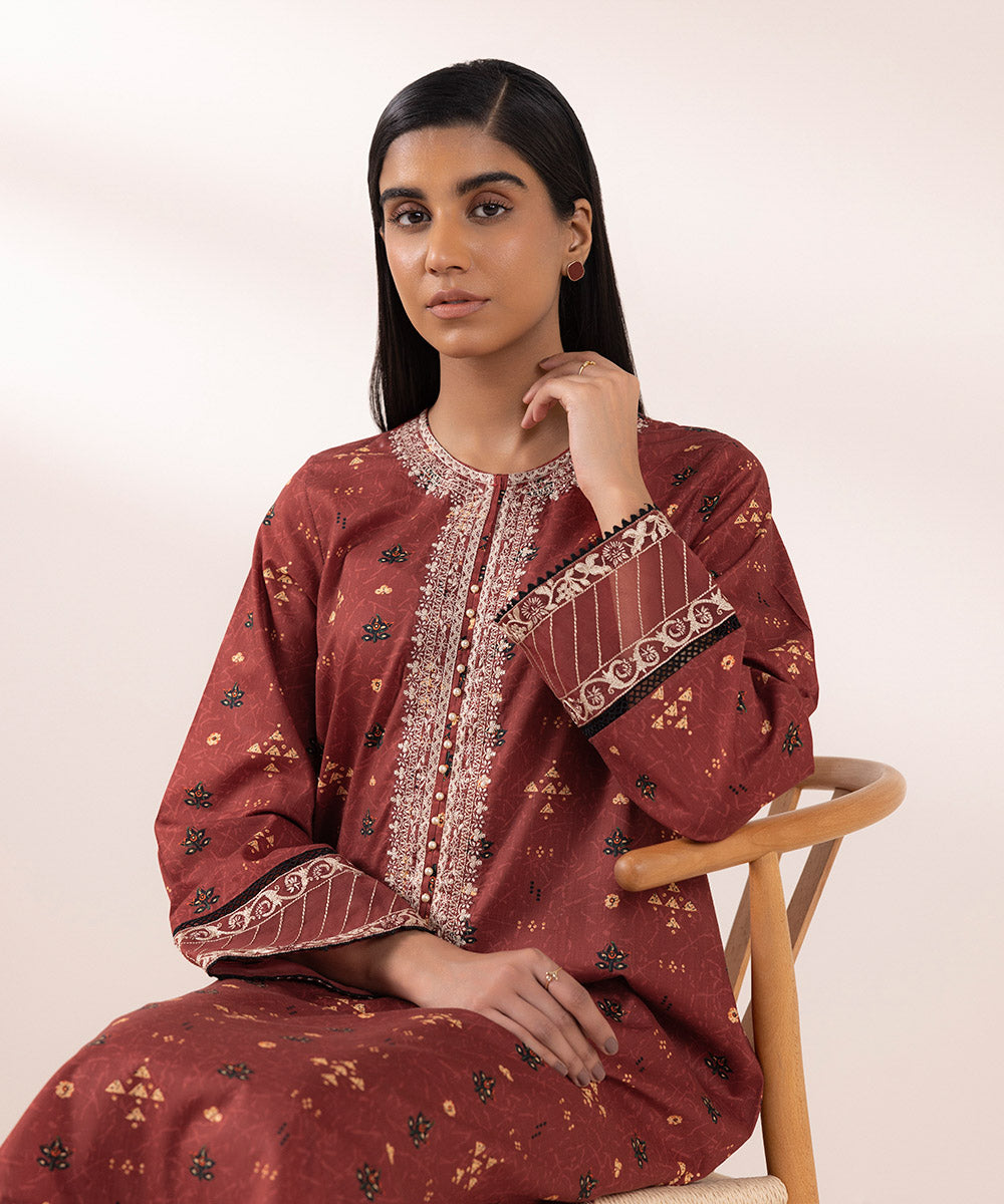 Women's Pret Cross Hatch Printed Embroidered Red A-Line Shirt