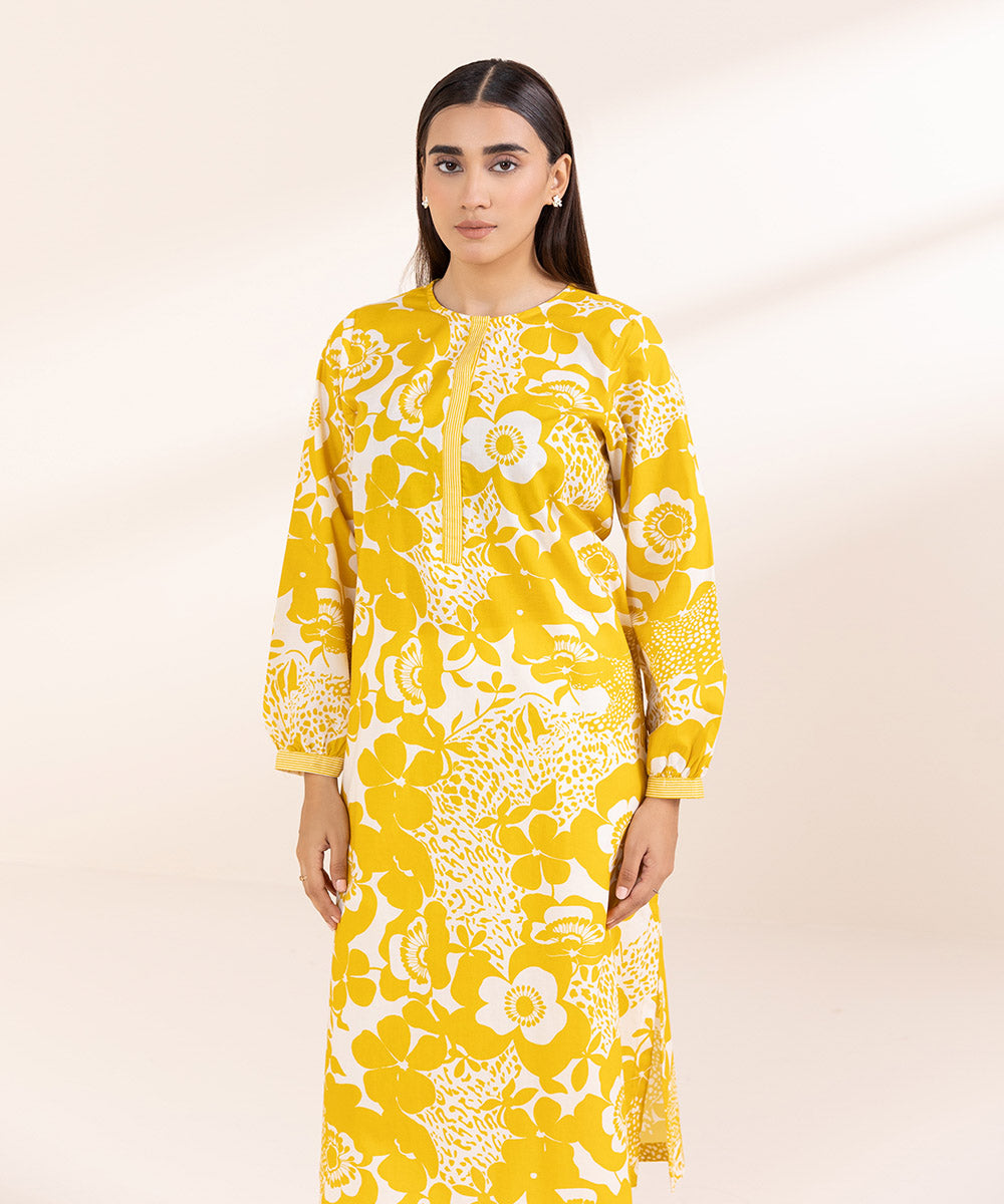 Women's Pret Cambric Yellow Printed A-Line Shirt