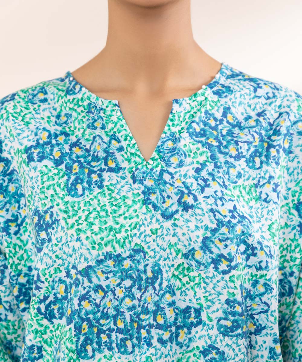 Women's Pret Cotton Viscose Blue Printed Boxy Shirt