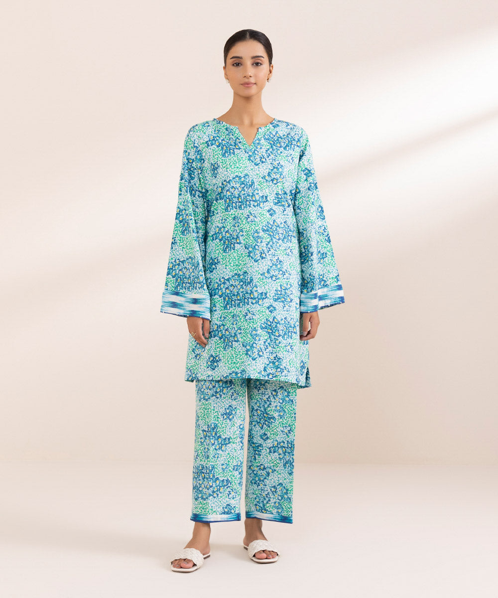 Women's Pret Cotton Viscose Blue Printed Boxy Shirt