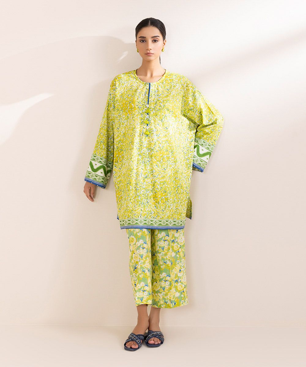 Women's Pret Cotton Viscose Yellow Printed Boxy Shirt