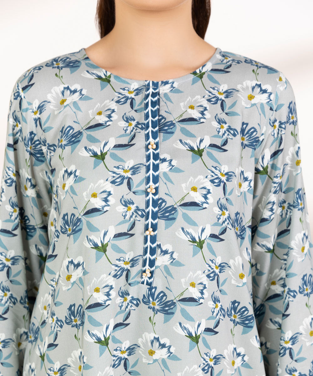 Women's Pret Linen Printed Blue on Grey A-Line Shirt