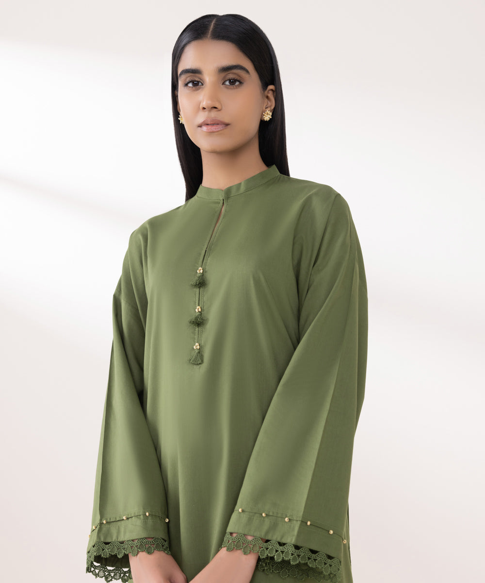 Women's Pret Cotton Viscose Solid Green Boxy Shirt