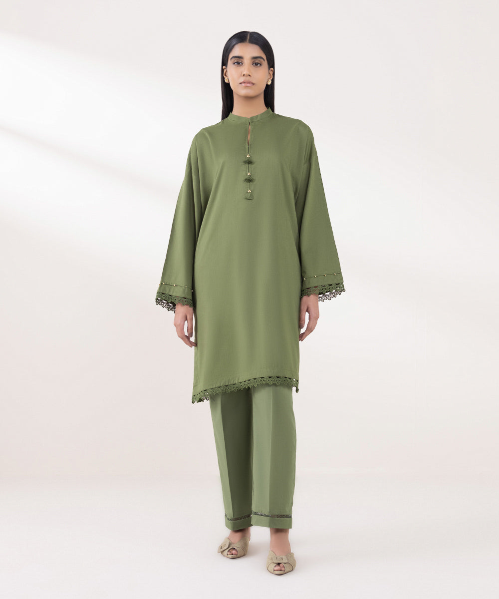 Women's Pret Cotton Viscose Solid Green Boxy Shirt