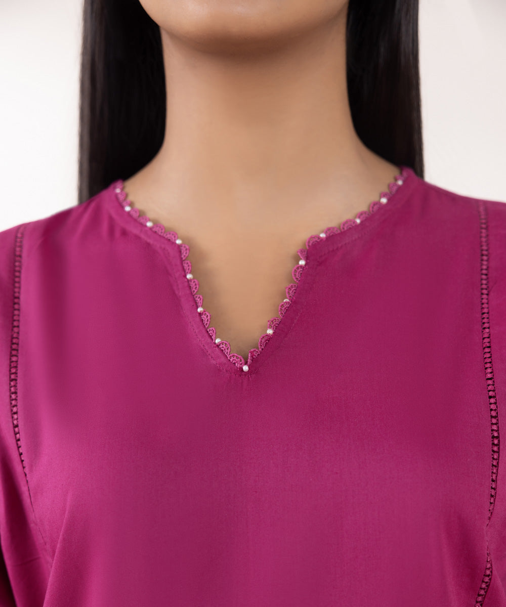 Women's Pret Cotton Viscose Solid Pink A-Line Shirt