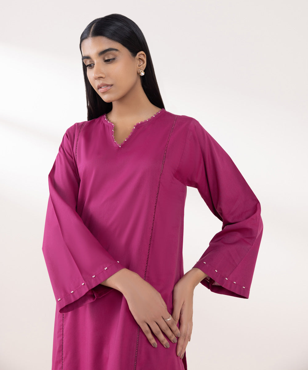 Women's Pret Cotton Viscose Solid Pink A-Line Shirt