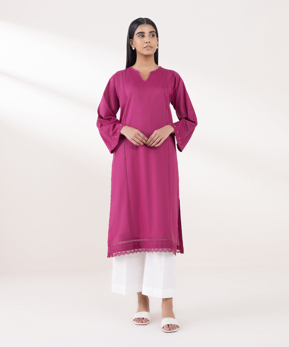 Women's Pret Cotton Viscose Solid Pink A-Line Shirt