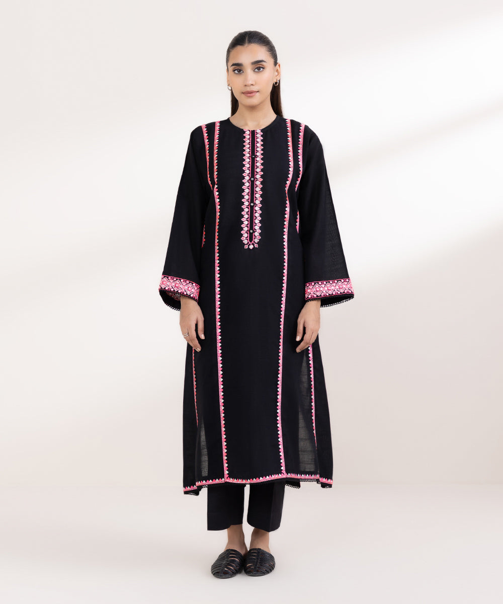 Women's Pret Light Khaddar Embroidered Black Boxy Shirt