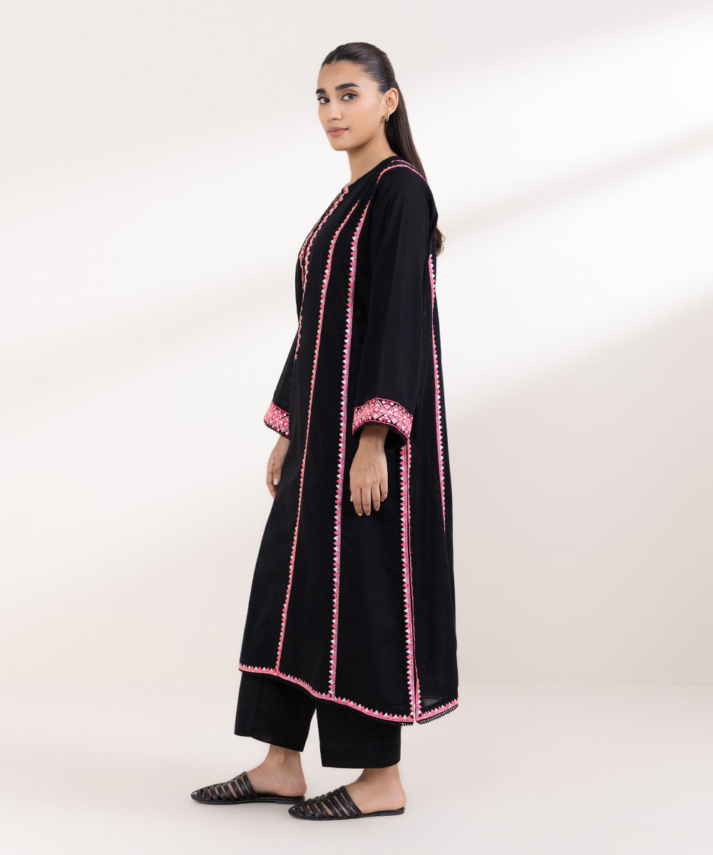 Women's Pret Light Khaddar Embroidered Black Boxy Shirt