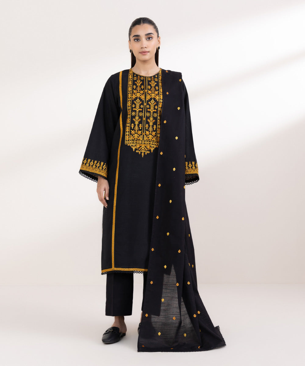 Women's Pret Light Khaddar Embroidered Black A-Line Shirt