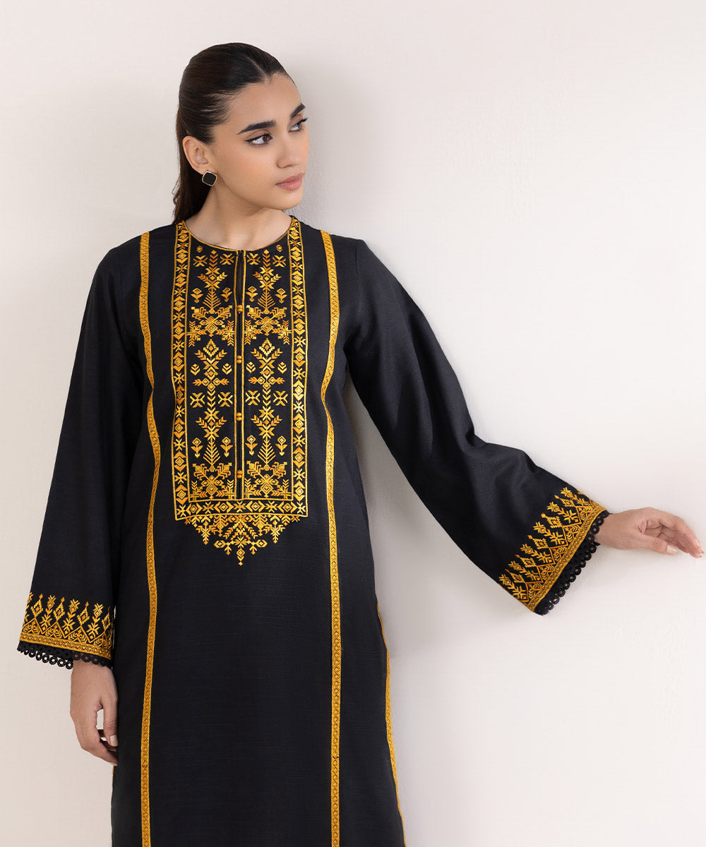 Women's Pret Light Khaddar Embroidered Black A-Line Shirt