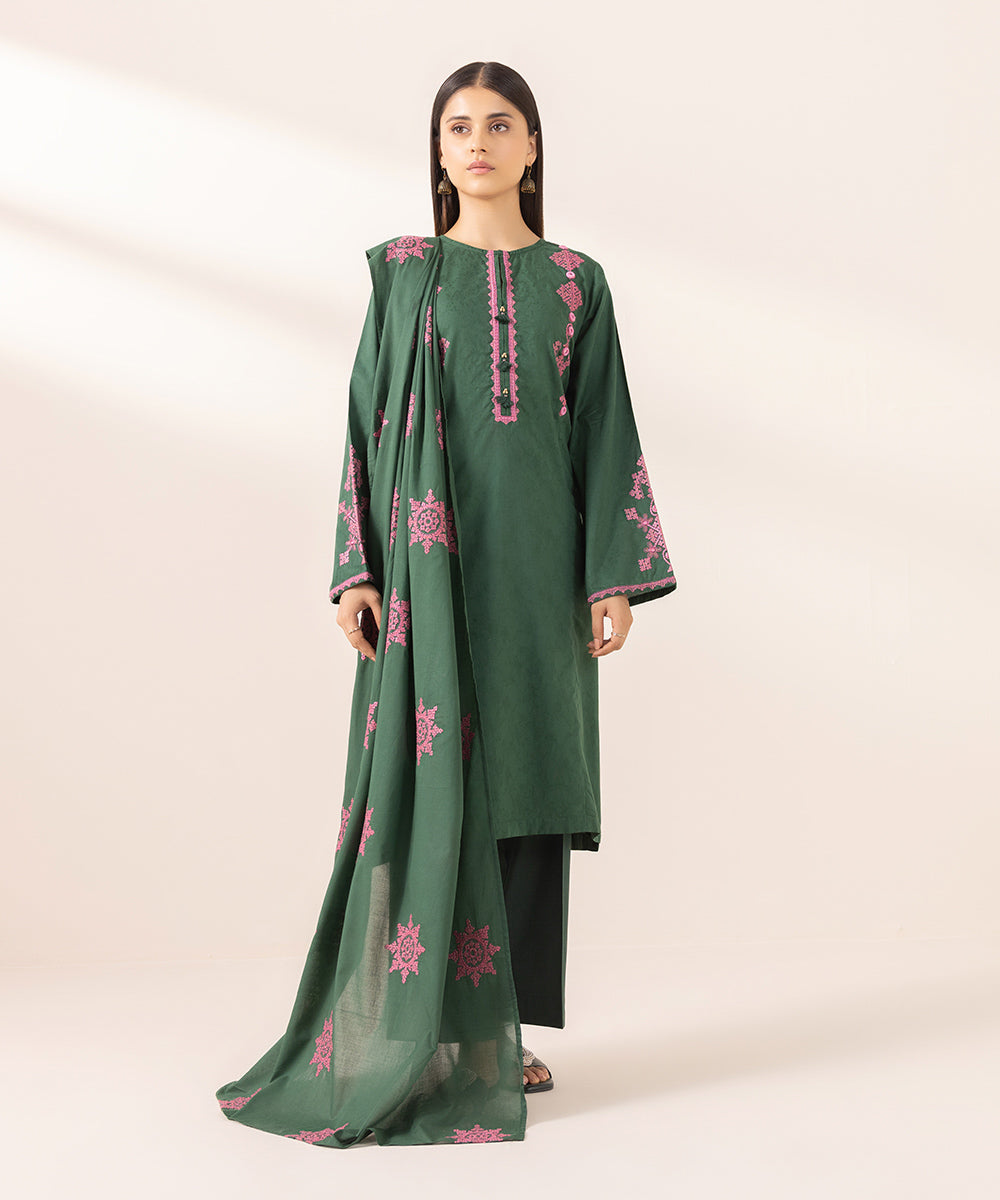 Women's Fine Voile Green Embroidered Dupatta