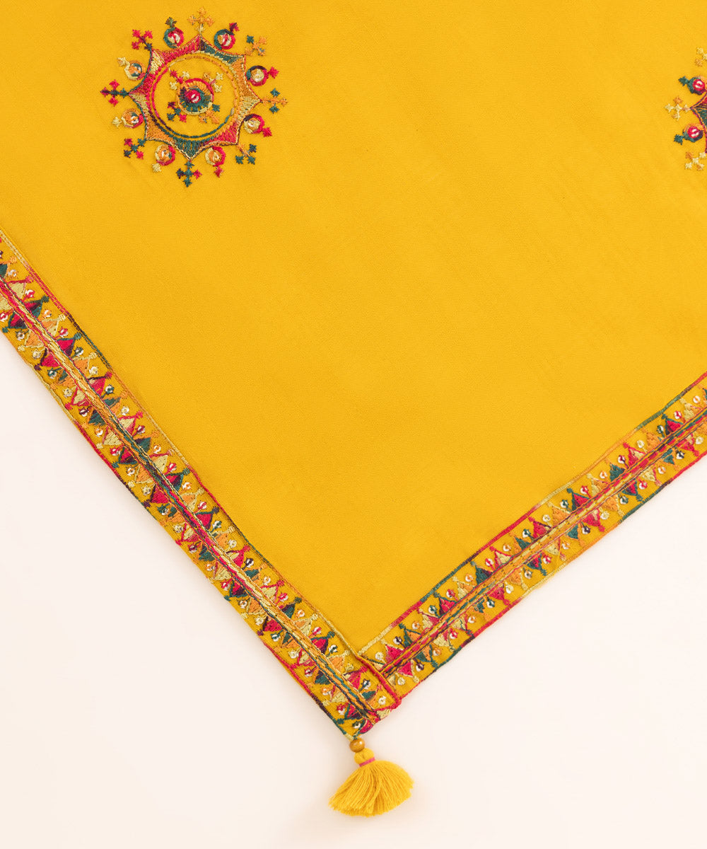 Women's Textured Voile Yellow Embroidered Dupatta