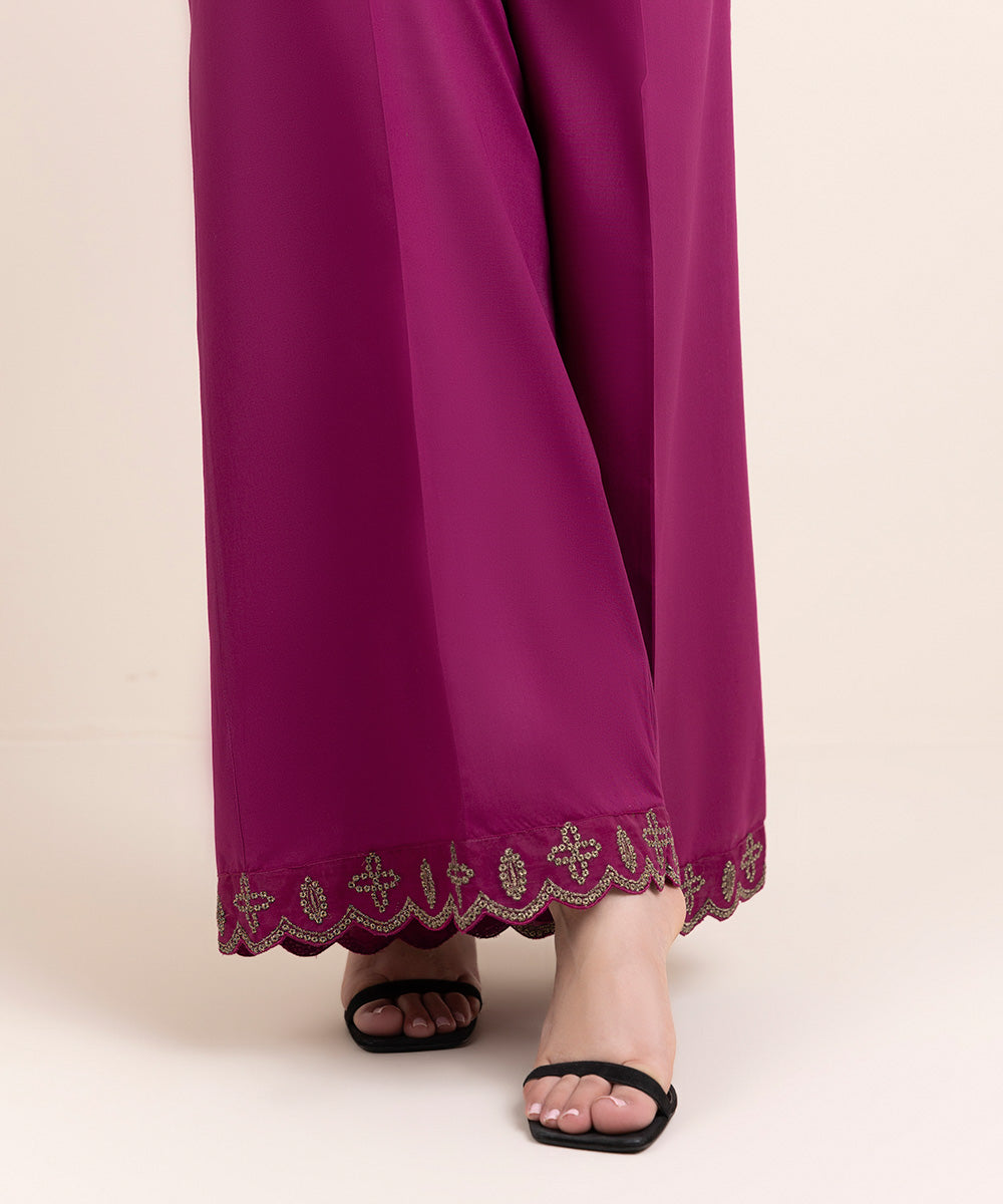 Women's Pret Cambric Purple Embroidered Flared Pants