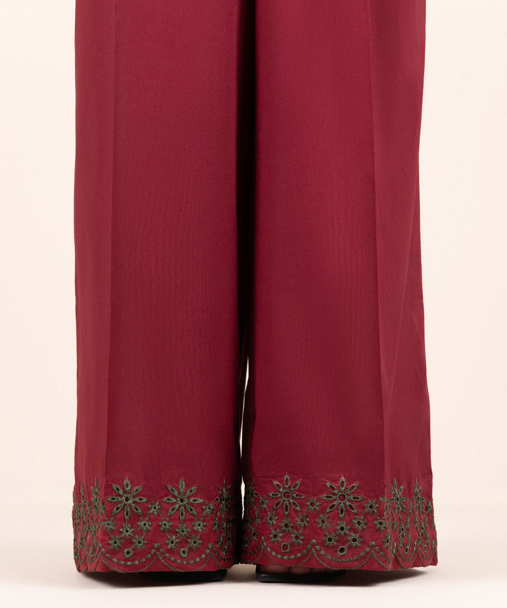 Women's Pret Cambric Red Embroidered Flared Pants