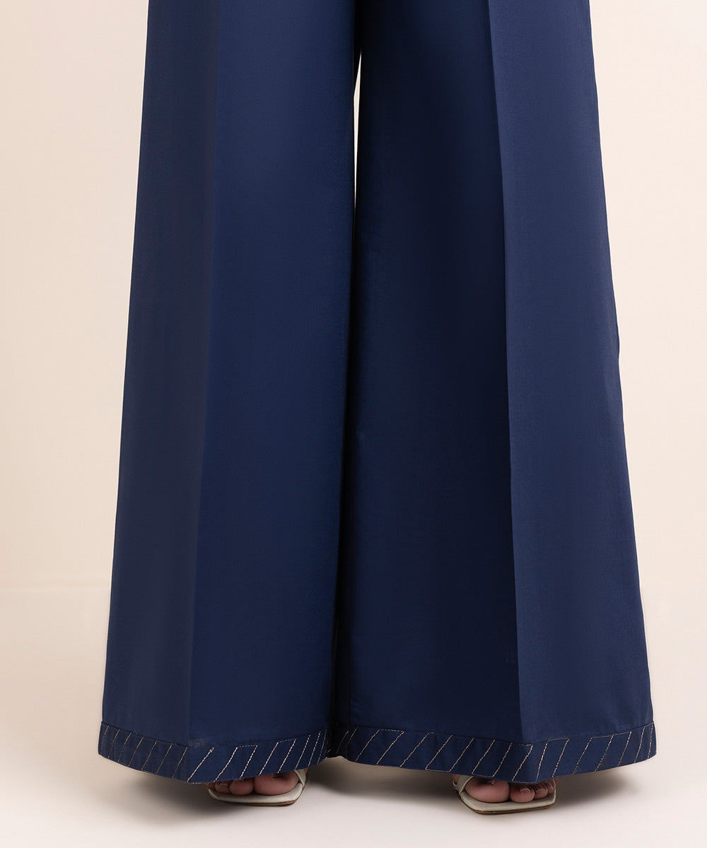 Women's Pret Cambric Blue Solid Flared Pants