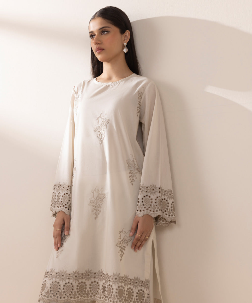 Women's Pret Lawn Off White Embroidered Straight Shirt