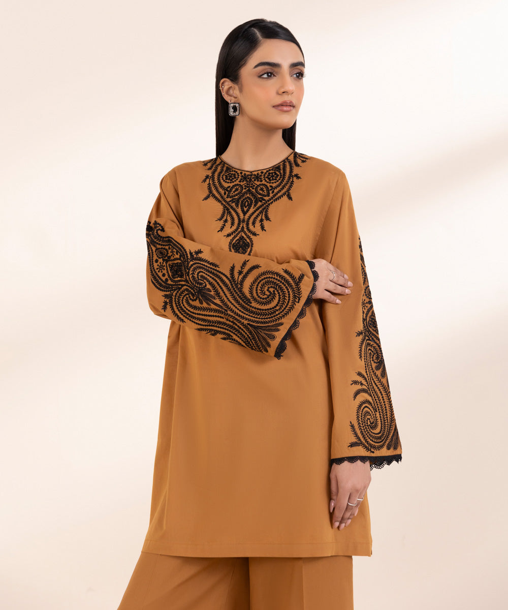 Women's Pret Lawn Brown Embroidered Boxy Shirt