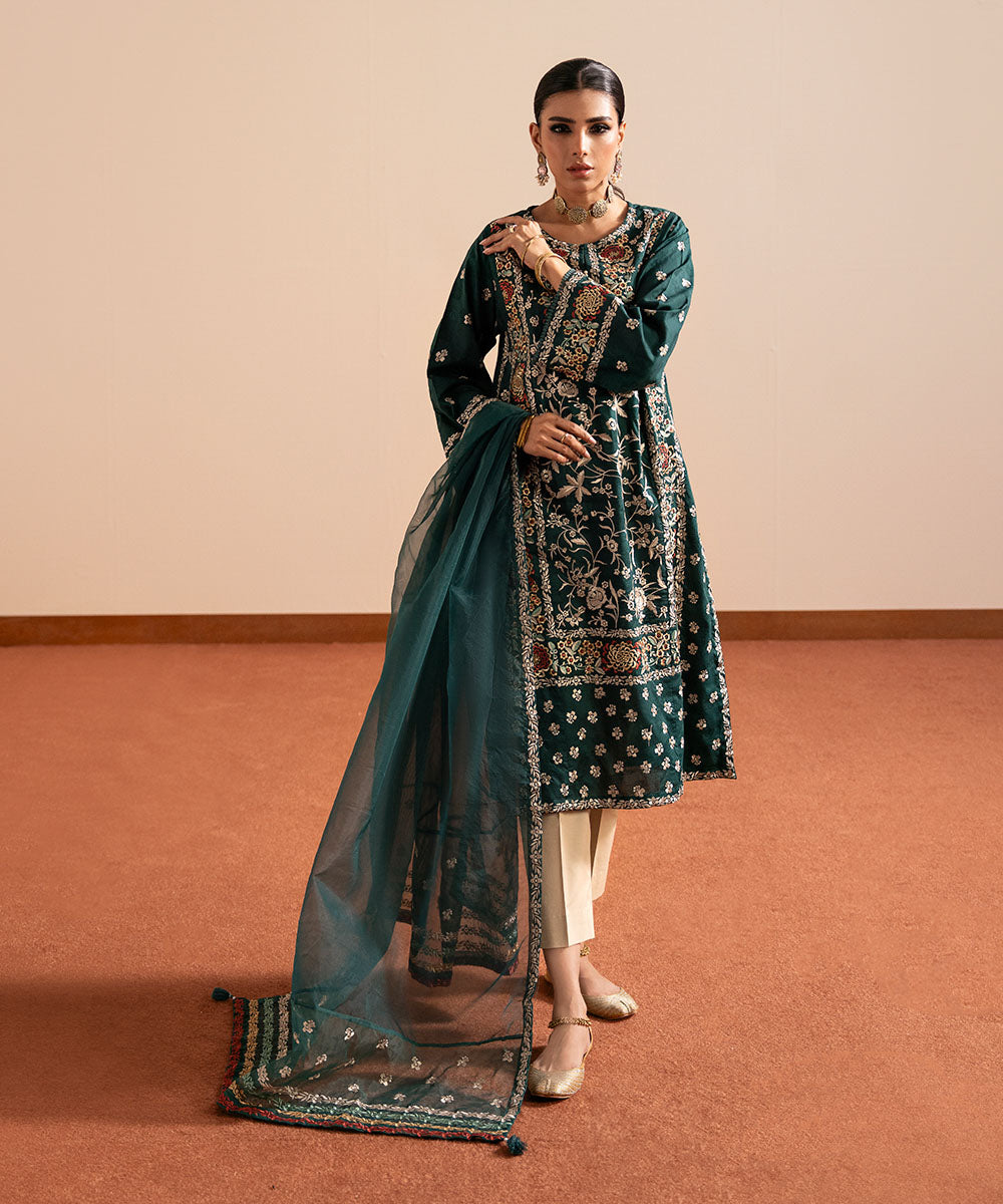 Blended Organza Green Embroidered Dupatta