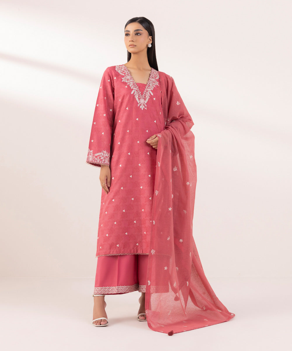 Blended Textured Karandi Pink Embroidered Dupatta