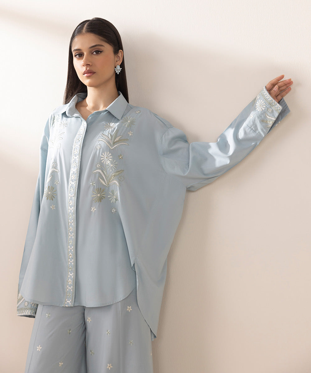 Women's Pret Cotton Viscose Blue Embroidered Boxy Shirt