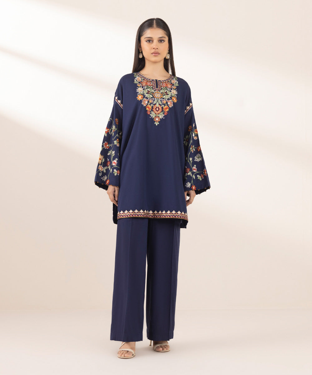 Women's Pret Cotton Viscose Blue Embroidered Boxy Shirt