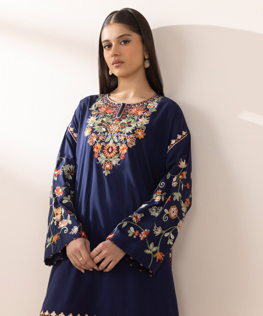 Women's Pret Cotton Viscose Blue Embroidered Boxy Shirt