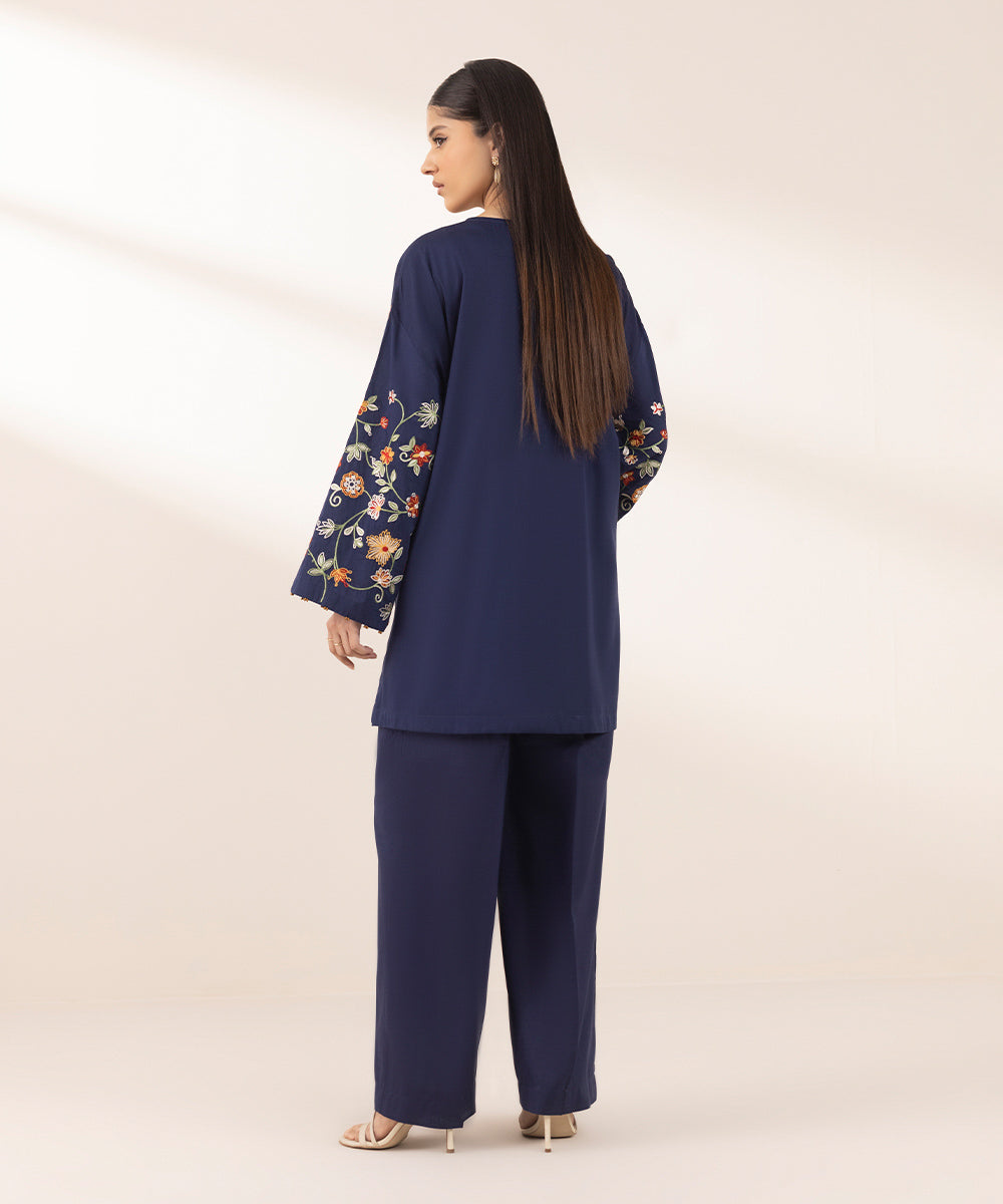 Women's Pret Cotton Viscose Blue Embroidered Boxy Shirt