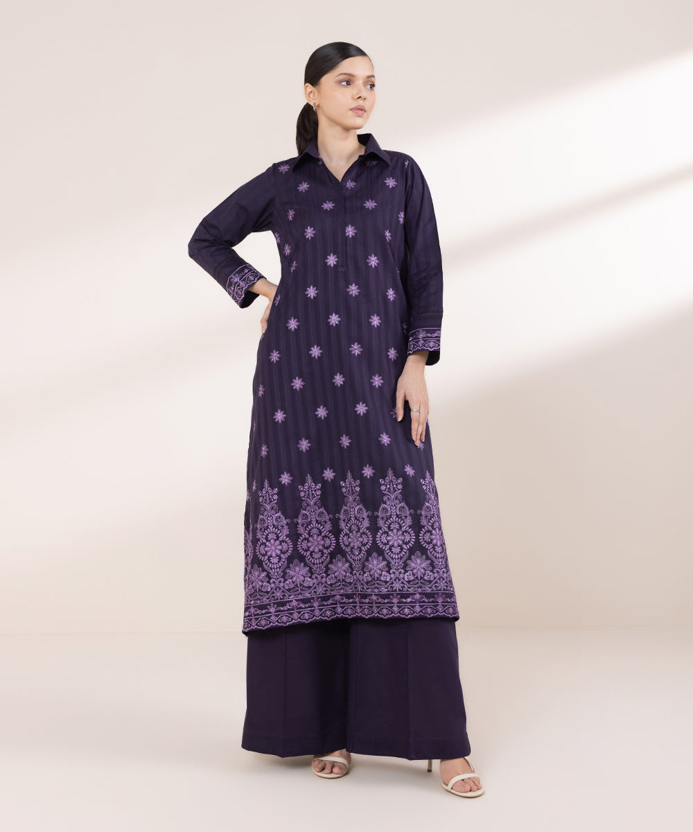 Women's Pret Dobby Embroidered Deep Violet A-Line Shirt