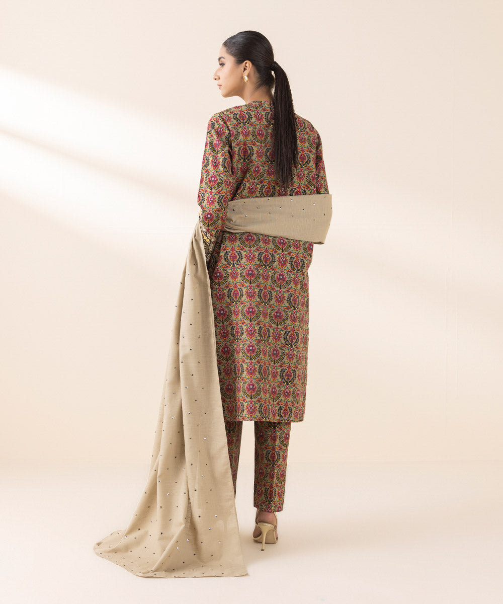 Women's Unstitched Embroidered Beige Light Khaddar Three Piece Suit