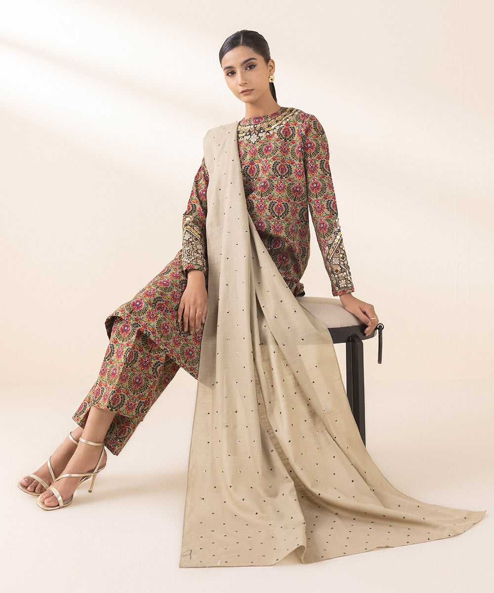 Women's Unstitched Embroidered Beige Light Khaddar Three Piece Suit