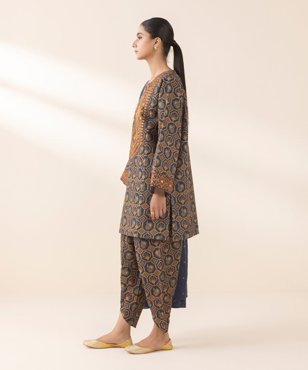 Women's Unstitched Embroidered Navy Blue Light Khaddar Three Piece Suit