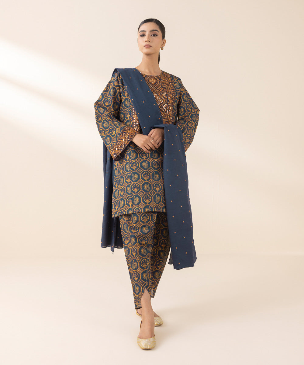 Women's Unstitched Embroidered Navy Blue Light Khaddar Three Piece Suit