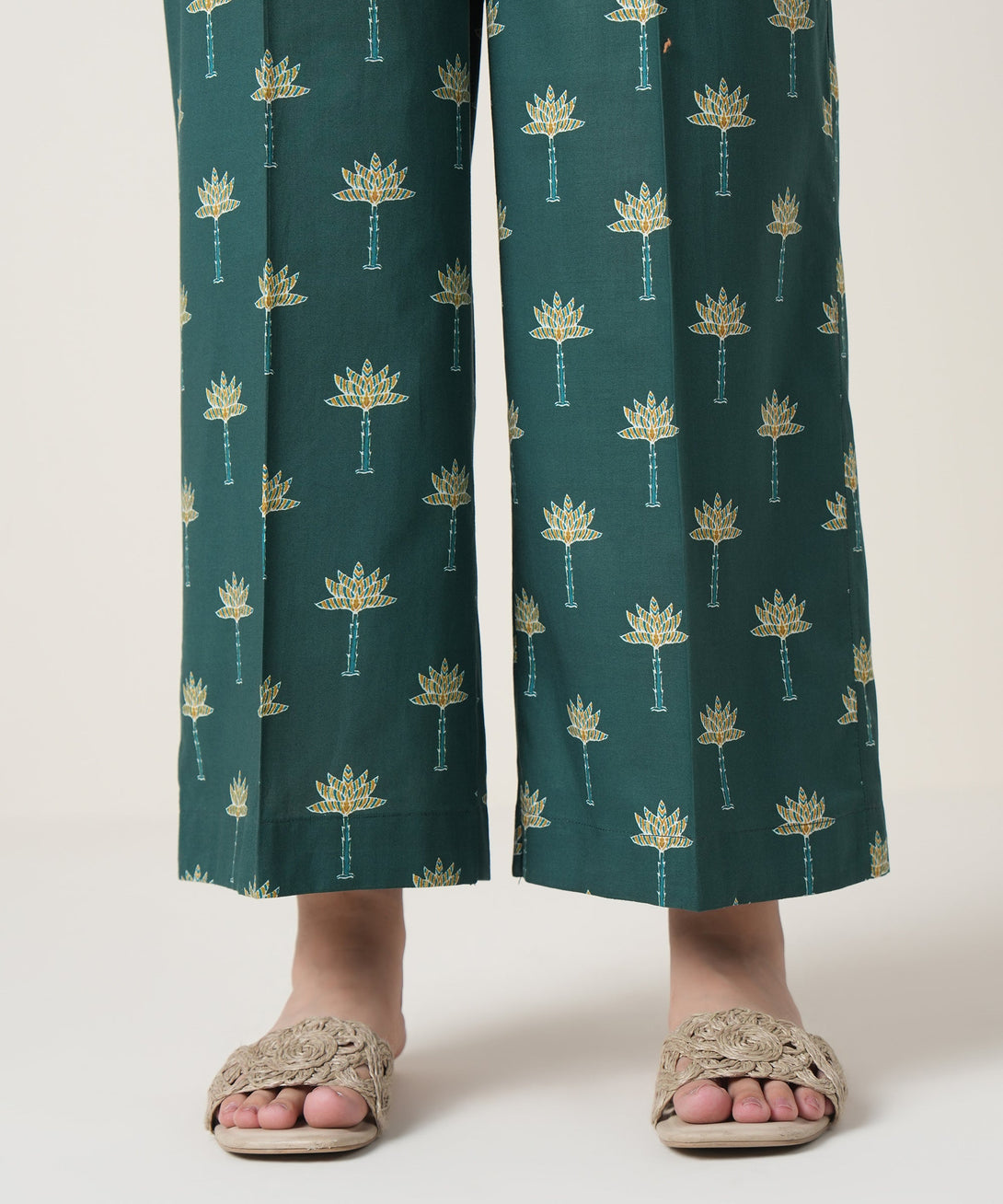 Women's RTW Cambric Green Printed Trousers