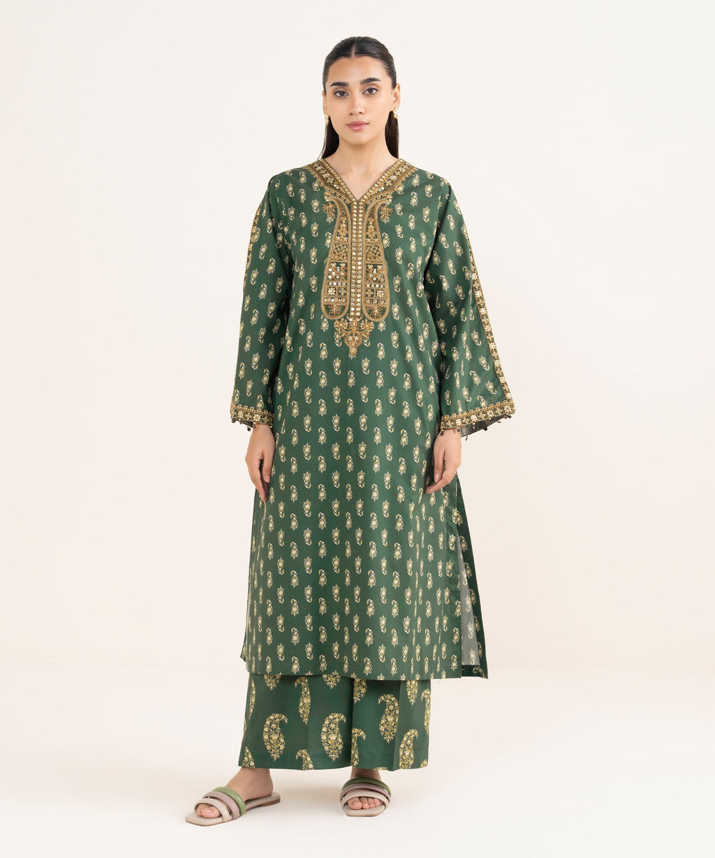 Women's RTW Cambric Green Embroidered A-line Shirt