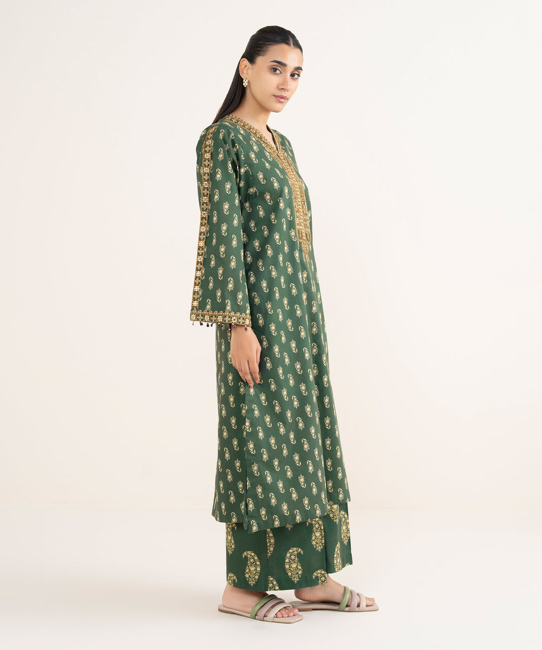 Women's RTW Cambric Green Embroidered A-line Shirt